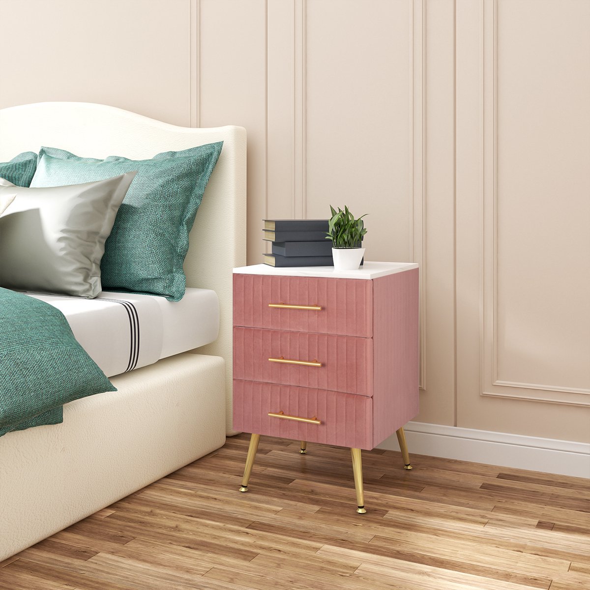 Nachtkastje - Luxe Salontafel - Fluweel - Bijzettafel - Industrieel - Velvet Nachtkastje - Roze/Goud