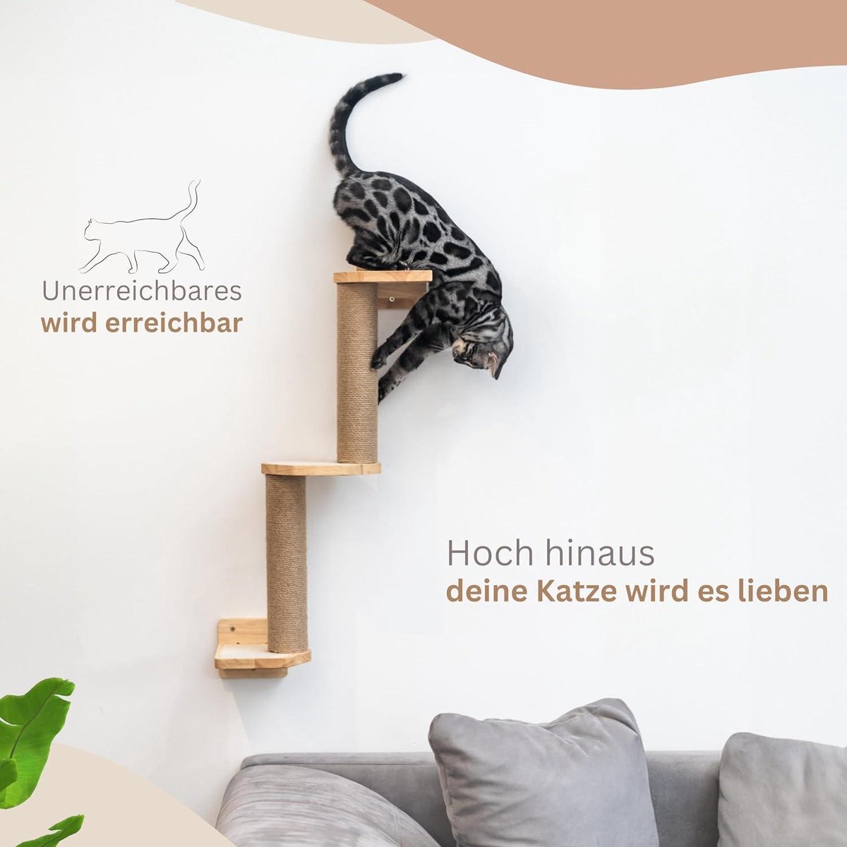 Climbing wall for cats - solid wood and jute - scratching post wall - scratching board - cat stairs - cat wall - wall scratching post - cat furniture - 3 assembly options - gray