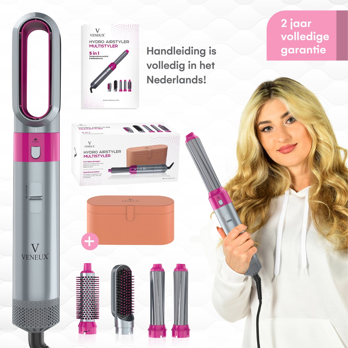 VENEUX® Föhnborstel - Airstyler - Krulborstel - Krultangen - 5 in 1 Multistyler - Met Opbergcase - Grijs