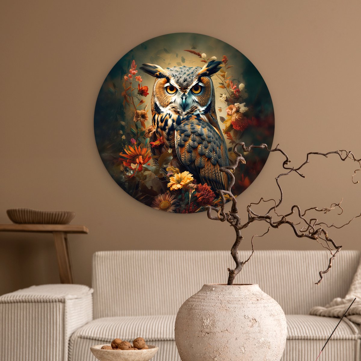 WallCircle® Muurcirkel 60x60 cm - Wandcirkel Uil - Vogel - Bloemen - Planten - Dieren - Botanisch - Muurdecoratie woonkamer - Wanddecoratie slaapkamer - Kamer decoratie accessoires - Ronde schilderijen - Woonaccessoires cirkel binnen