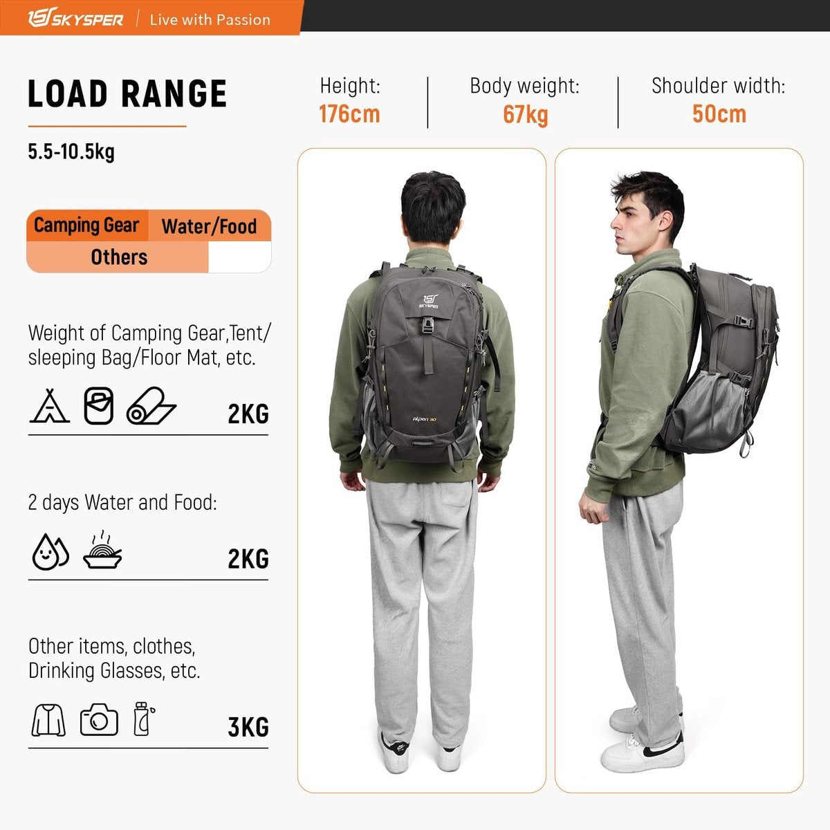 Wandelrugzak, 30 liter, trekkingrugzak, waterdicht, met rugventilatie en mesh-rug, dagtochten met heupriem, voor outdoor, dagrugzak