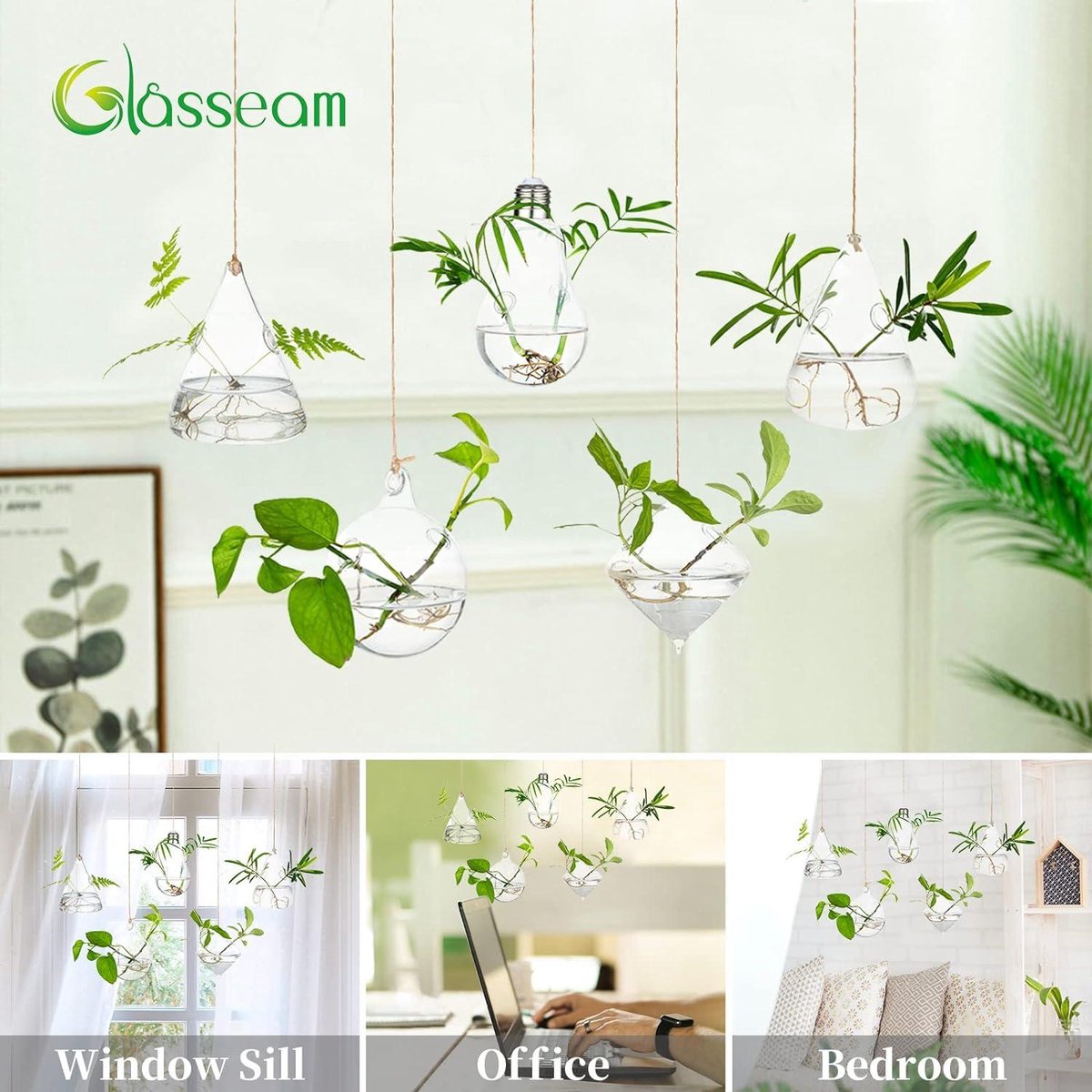 Large Hanging Planters Water Air Plant Succulent Containers Terrarium Kits Candle Holder - Indoor Outdoor - 2 Holes - 5 Pcs/Set with Strings Rope for Home Garden Balcony