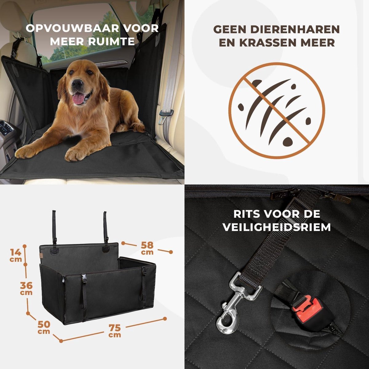 Dog car seat extra reinforced for small and medium-sized dogs - 4 attachment straps - waterproof - back seat - size L - black dog net car