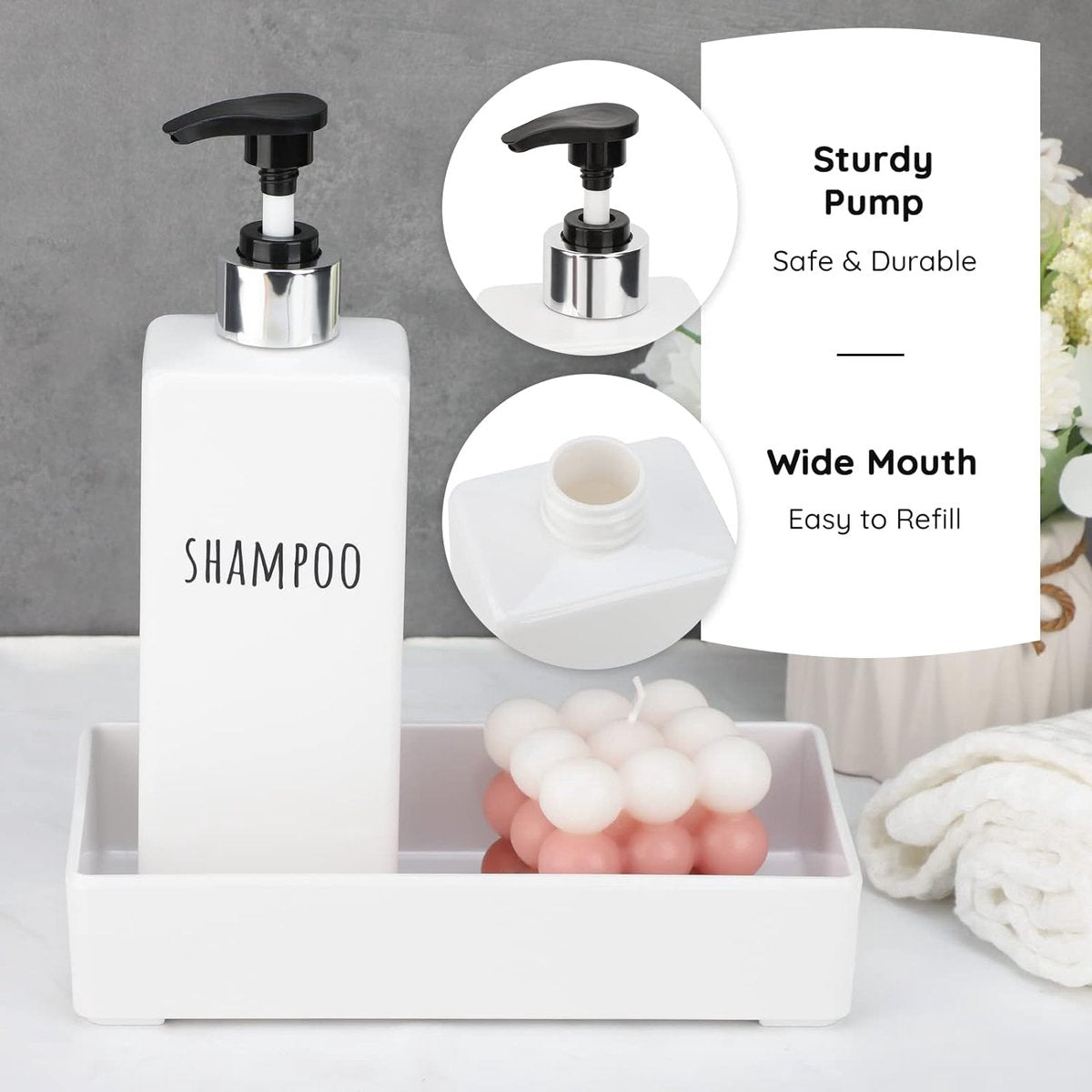 Soap Dispenser, 3 Pcs 500ml Soap Dispenser Set with Labels for Shampoo, Conditioner, Body Wash, Shampoo Bottles to Fill for Kitchen and Bathroom, White.