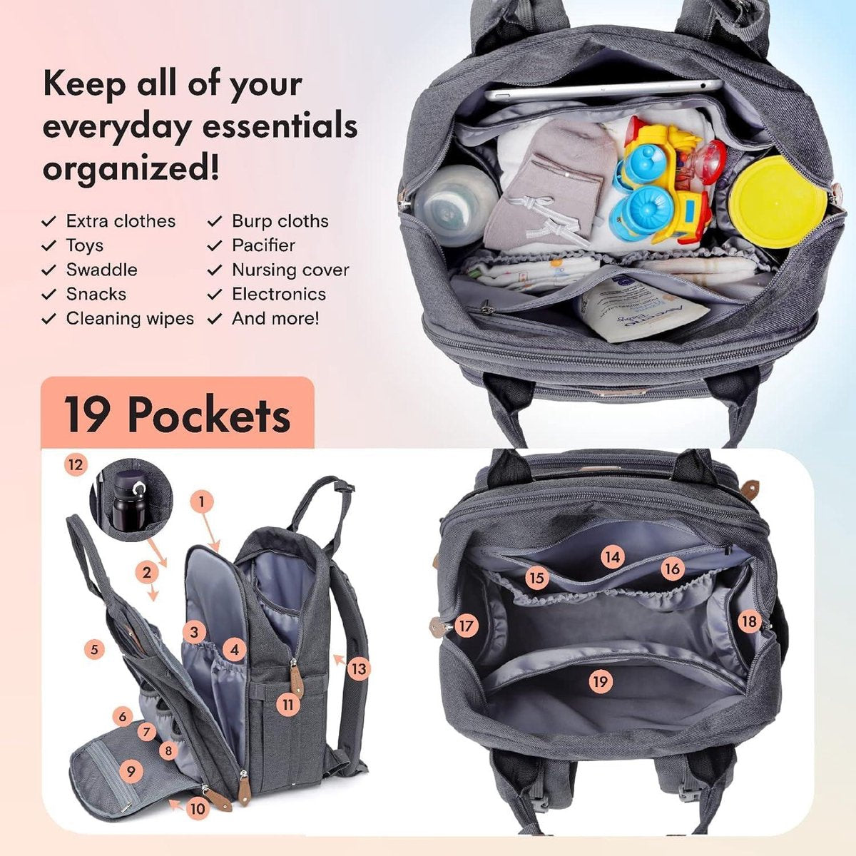 Diaper backpack - large size - includes portable changing pad and pacifier holder - dark gray