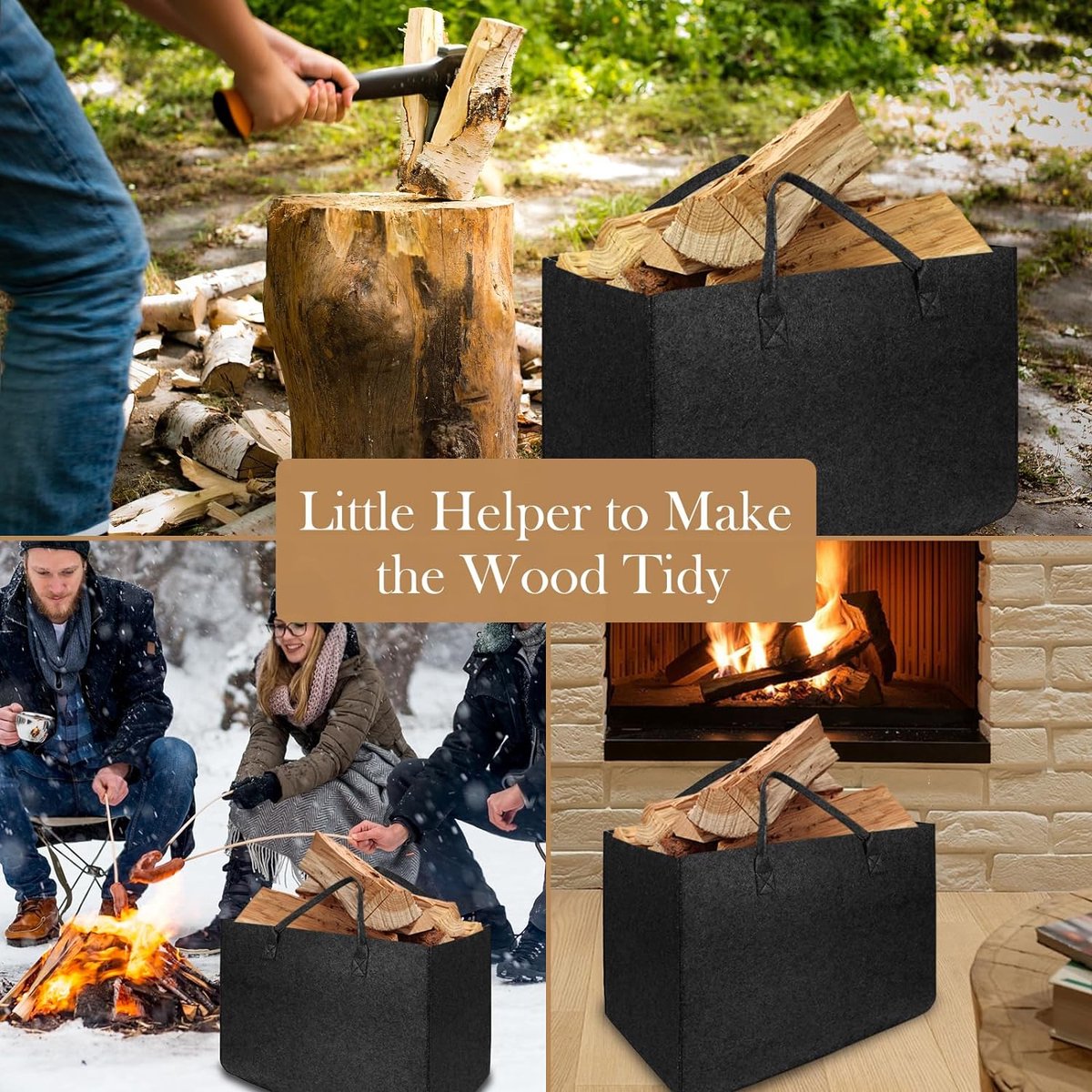XXL 70 liter houten mand voor haardhout, opvouwbare grote brandhoutmand met 5 mm dik vilt, vilten tas, shopper, vilten mand voor hout, speelgoed, kranten, fruit, kleding, 55 x 30 x 40 cm