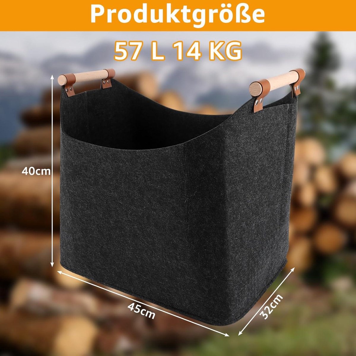 Firewood storage - Wood storage 2 pieces wooden basket foldable for firewood XL dark grey with wooden handle