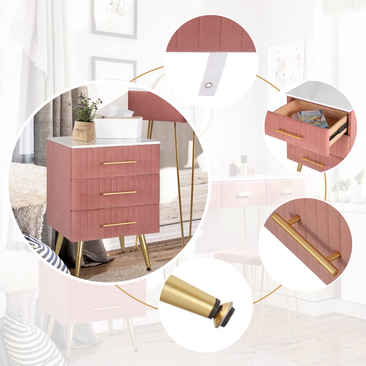 Nachtkastje - Luxe Salontafel - Fluweel - Bijzettafel - Industrieel - Velvet Nachtkastje - Roze/Goud