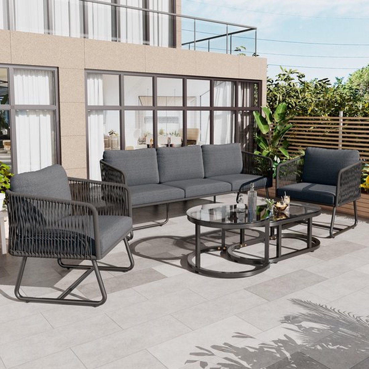 Tuin loungeset met gegalvaniseerd ijzeren frame, tuinmeubelset van touw, grijs touw, verstelbare pootjes, glad glazen tafelblad, 5-delige set, inclusief alle zit- en rugkussens