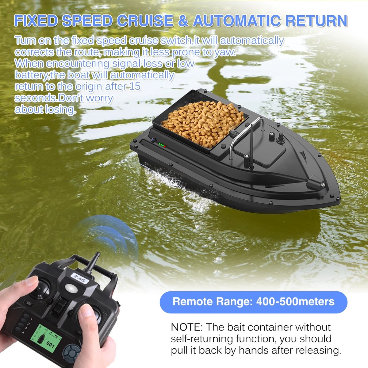 Bait boat - 2.0 KG Payload - Hook release - 500M range - Cruise Control - Bait boat Carp fishing - 6 Hours Usage time - Top Class Bait boat!