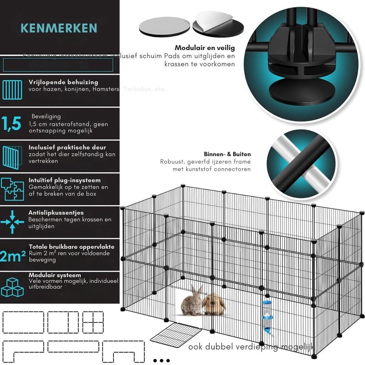 Konijnenhok Binnen - Konijnenhok - Konijnenren - Konijnenkooi – Dierenhuis – Konijnen Kooi – Dierenverblijf - Kattenbench - Kattenren Buiten en Binnen - Kattenkooi - 144 x 72 x 36 cm