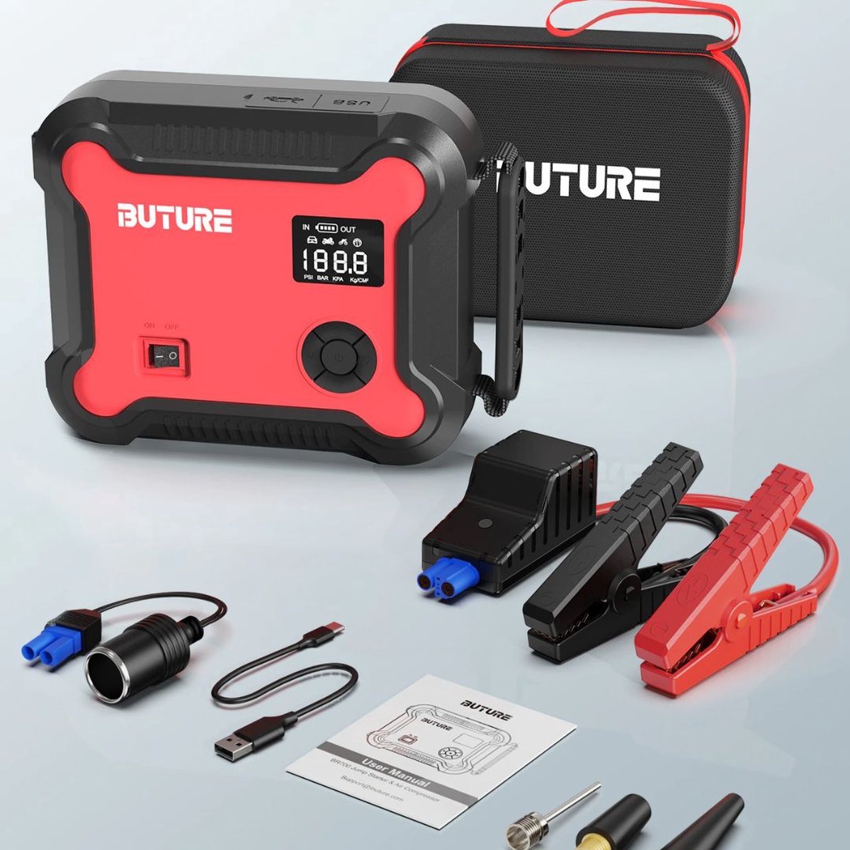 Buture Jump Starter for Car - Jump Starter - Jump Starter 5 in 1 - Jump Starter Power Bank 26800mAh - Red/Black - Jump Starter incl. Compressor