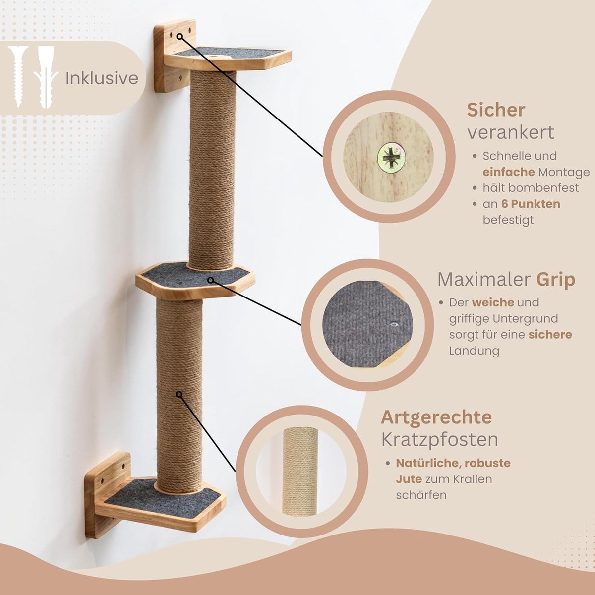 Climbing wall for cats - solid wood and jute - scratching post wall - scratching board - cat stairs - cat wall - wall scratching post - cat furniture - 3 assembly options - gray