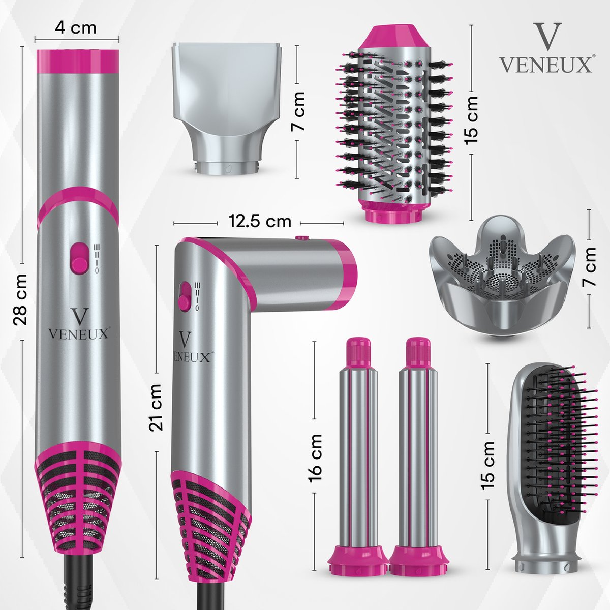 VENEUX® 6-1 Föhnborstel - Airstyler - Krulborstel - Grijs / Roze - Krultang