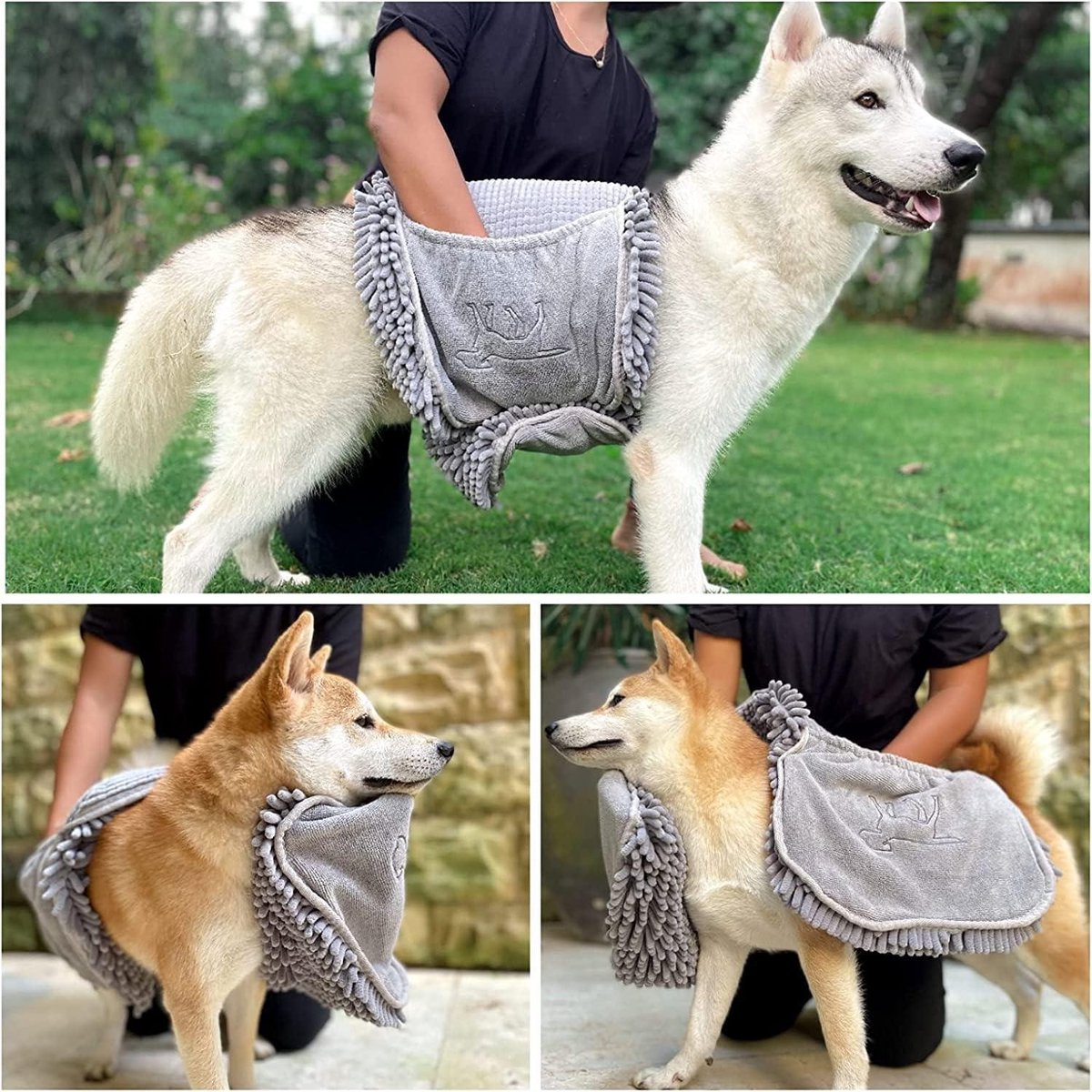 Dog Bath - Large Dog Shammy Towel - Ultra Absorbent - Durable - 35 x 15 Size - All Breeds - Fast Drying - Chenille Fabric - Machine Washable Dog Bath