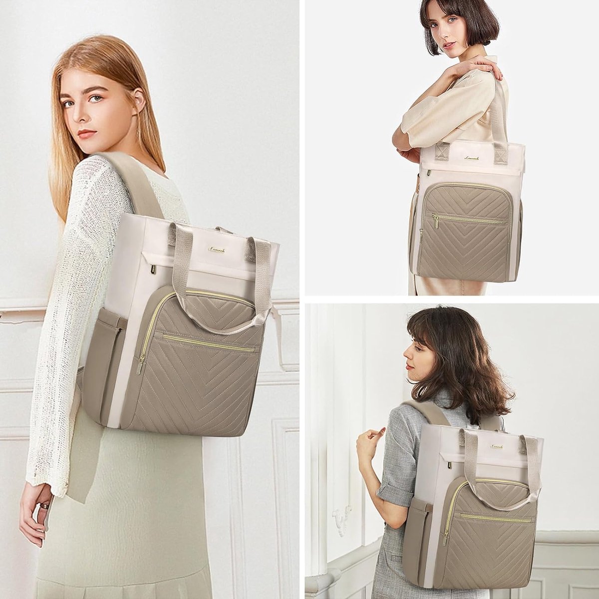 Laptop tas 15,6 inch - Beige/bruin - USB oplaadpoort - Laptop rugzak - 33 x 16 x 41 cm - Waterbestendig - Laptoprugtas 15,6 inch - Anti-diefstal vak - Handtas met gouden details