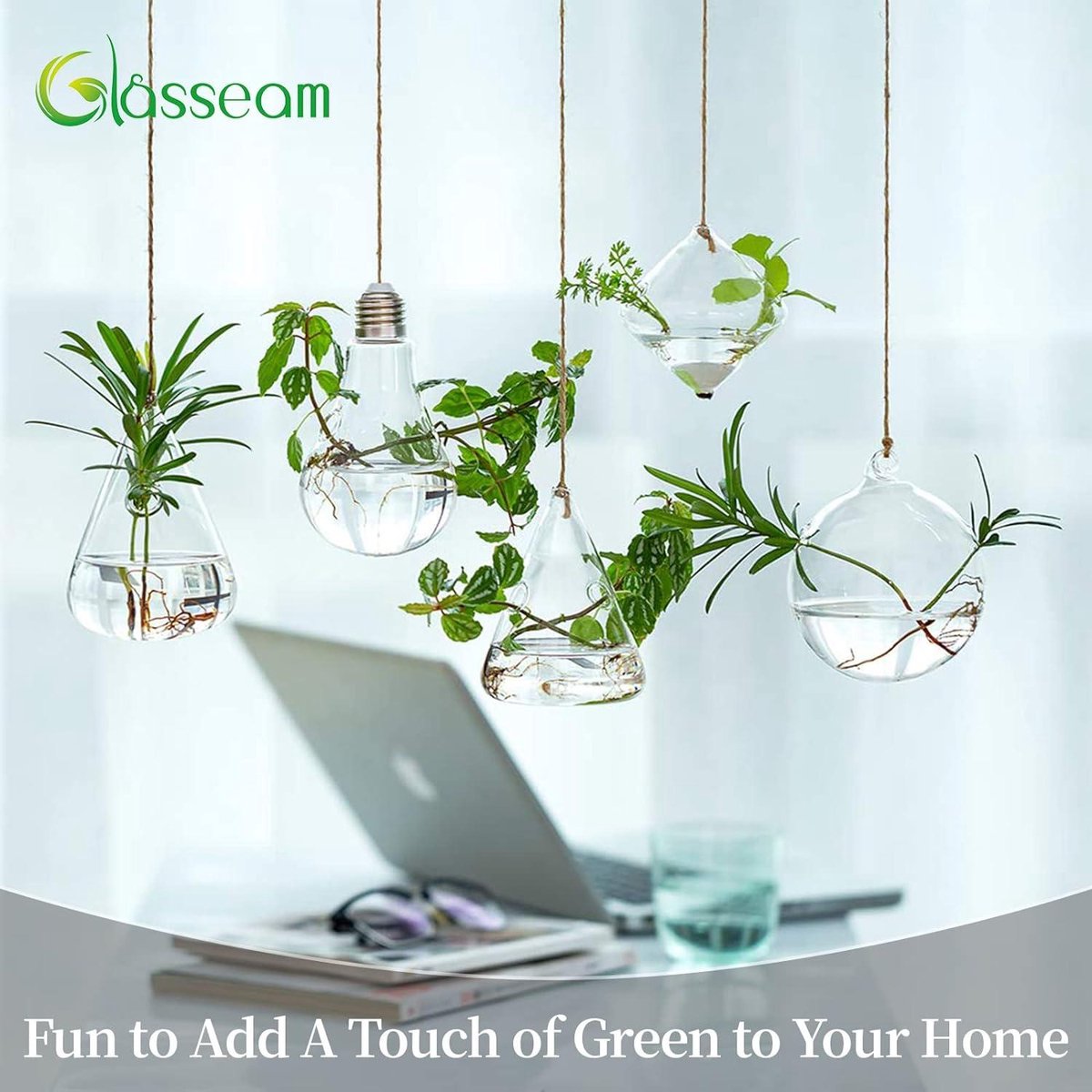 Large Hanging Planters Water Air Plant Succulent Containers Terrarium Kits Candle Holder - Indoor Outdoor - 2 Holes - 5 Pcs/Set with Strings Rope for Home Garden Balcony