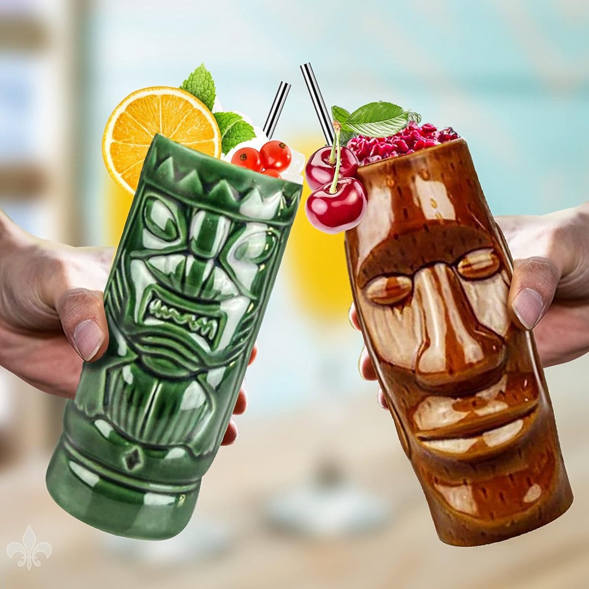 Cocktailglazen, Tiki Mokken, Set van 4 Keramische Mokken, Tropische Mokken, Hawaiiaans Tiki Feest, Creatief Cocktailglas, Drankjes, Grote Bar Drankjes, Leuke Bar Servies, 4-delig cadeau, Geel.