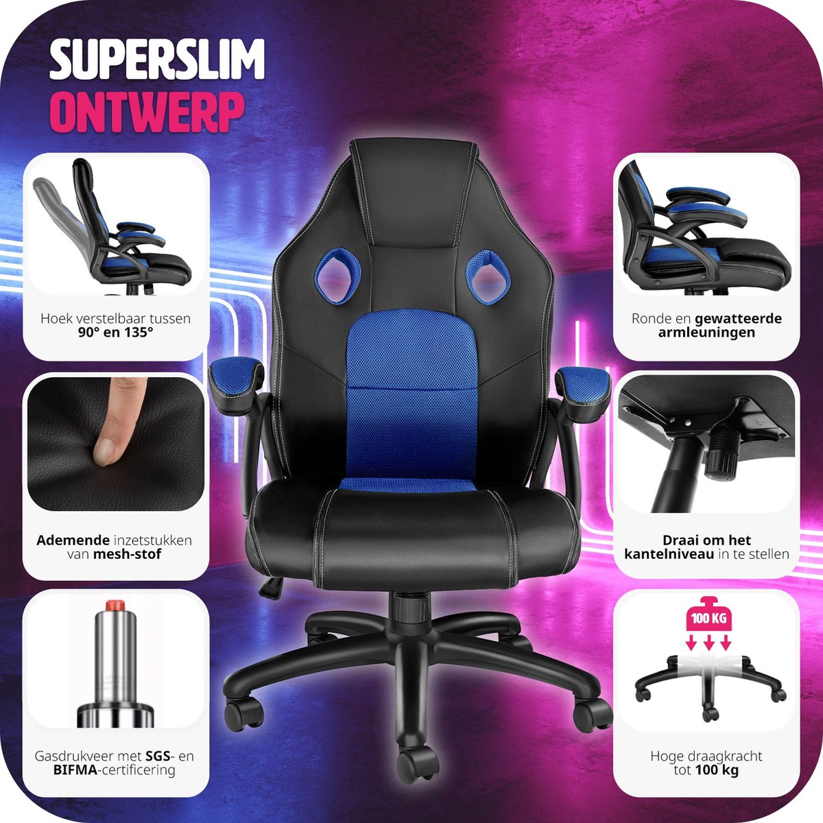 tectake® Bureaustoel Racing - Gamingstoel met Kantelfunctie, Directiestoel, Draaistoel met Wielen - In Hoogte Verstelbare Ergonomische Bureaustoel - PC-Stoel - Zwart/Blauw