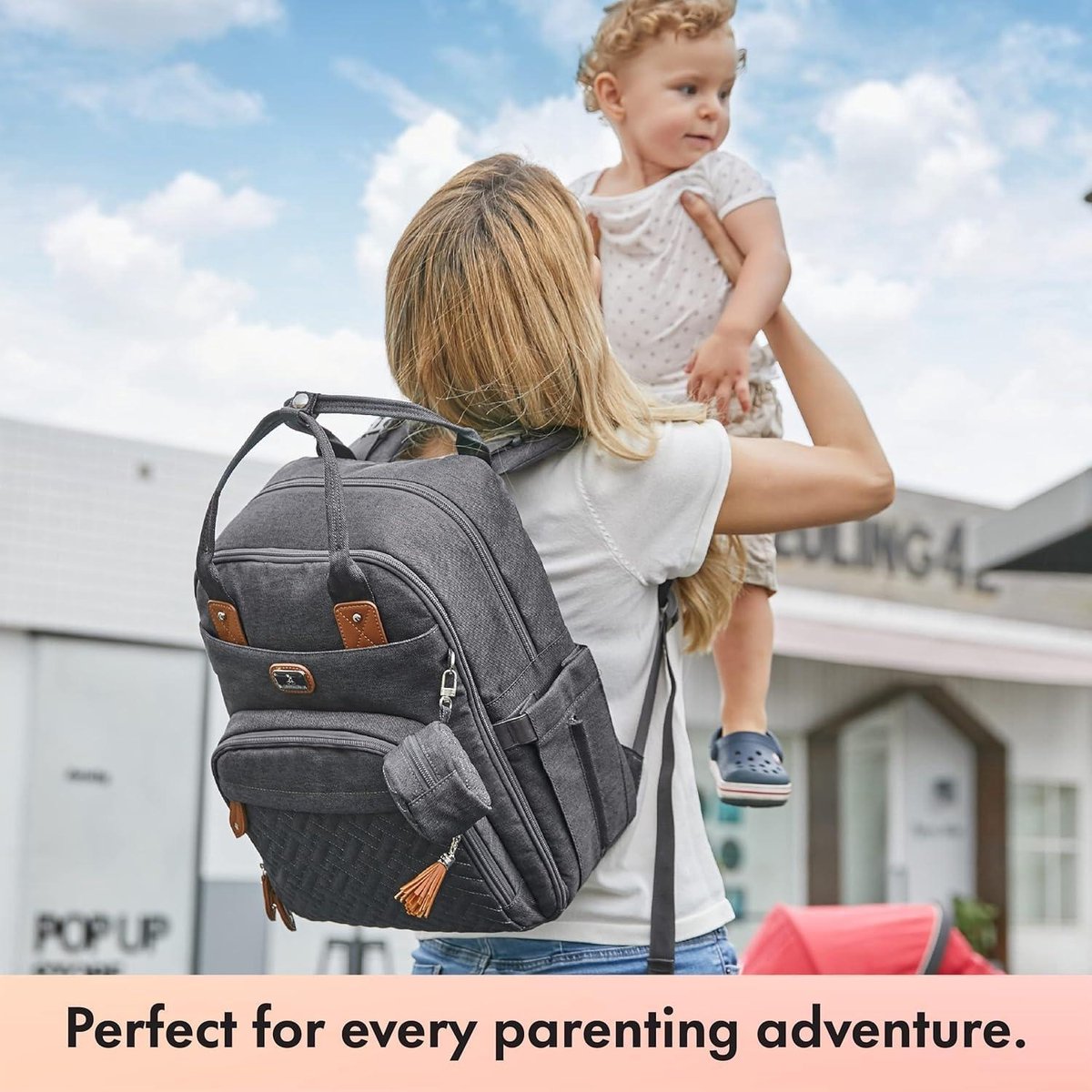 Diaper backpack - large size - includes portable changing pad and pacifier holder - dark gray