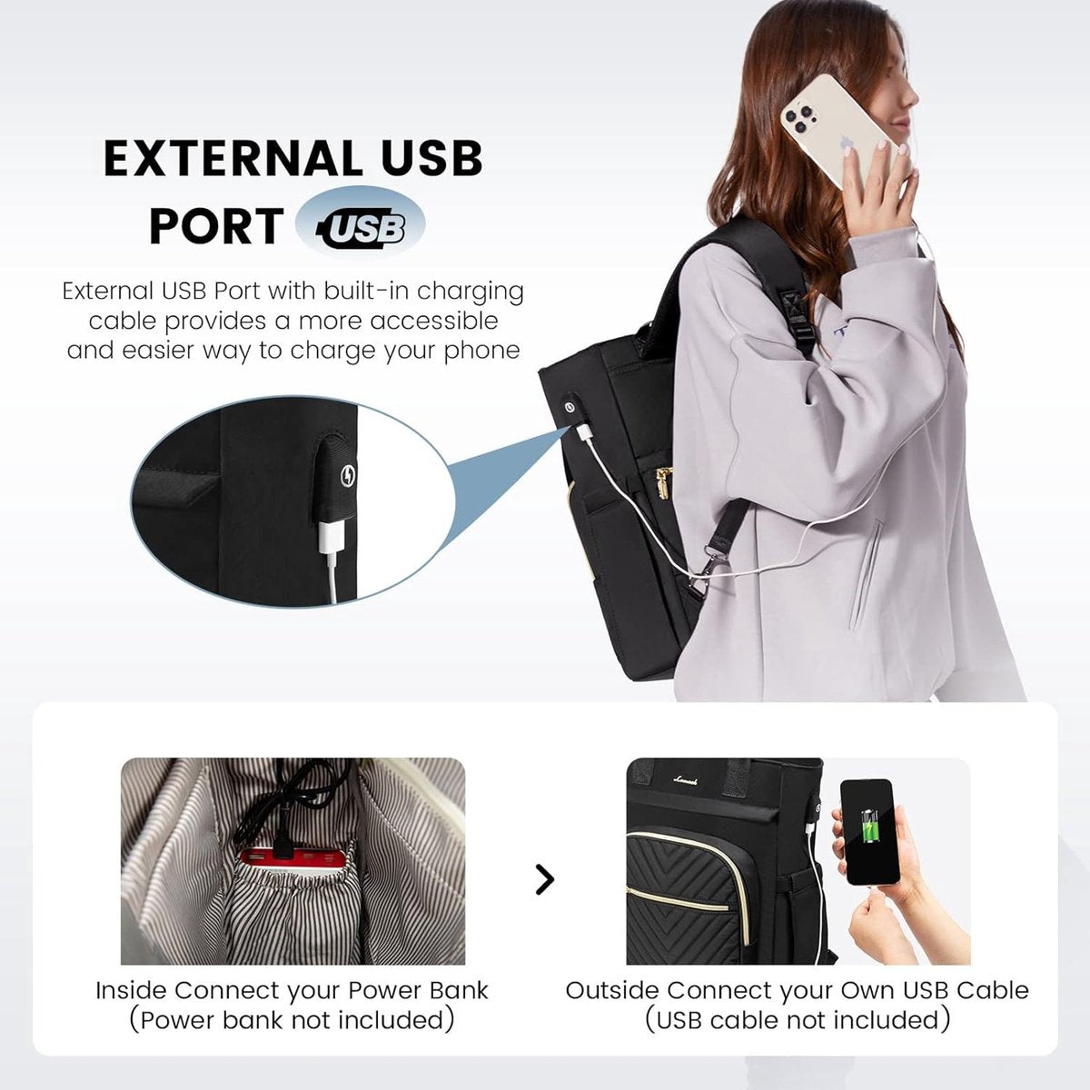 Laptoptas 15.6 inch - Zwart - USB oplaadpoort - Laptoprugzak - 33 x 16 x 41 cm - Waterbestendig - Laptoprugtas 15,6 inch - Anti-diefstalvak - Handtas met gouden details