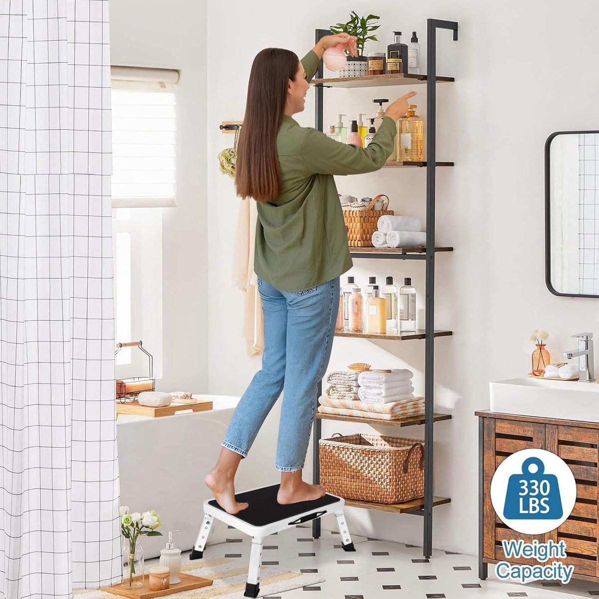 Step stool 3-step height adjustable - anti-slip platform - foldable - office kitchen bedroom - 25 x 38 cm - white