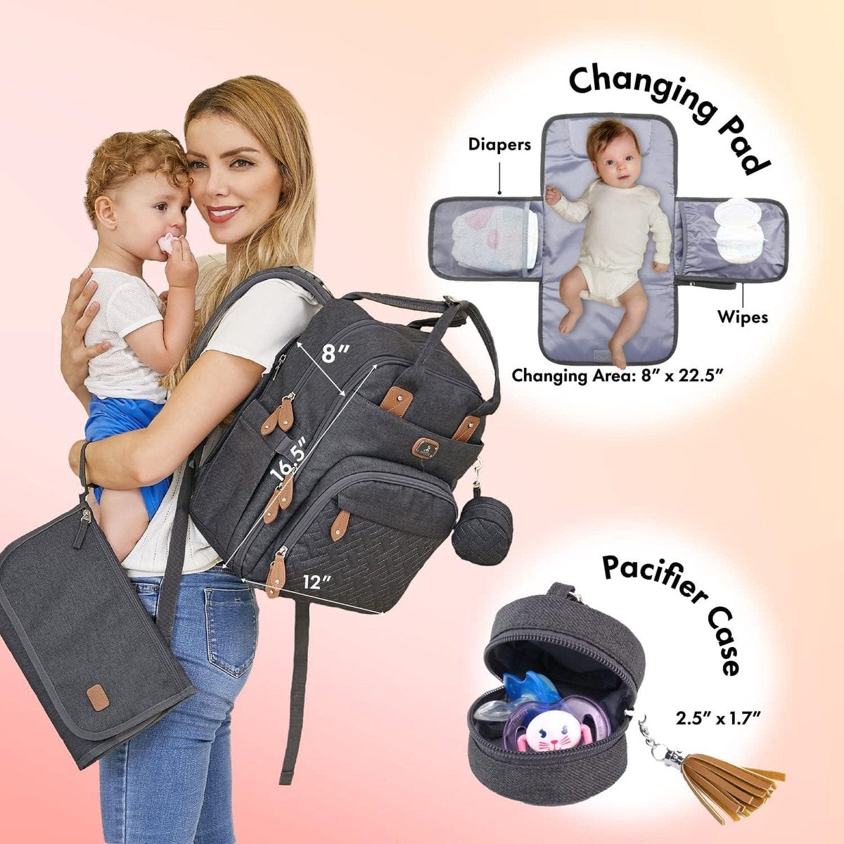 Diaper backpack - large size - includes portable changing pad and pacifier holder - dark gray