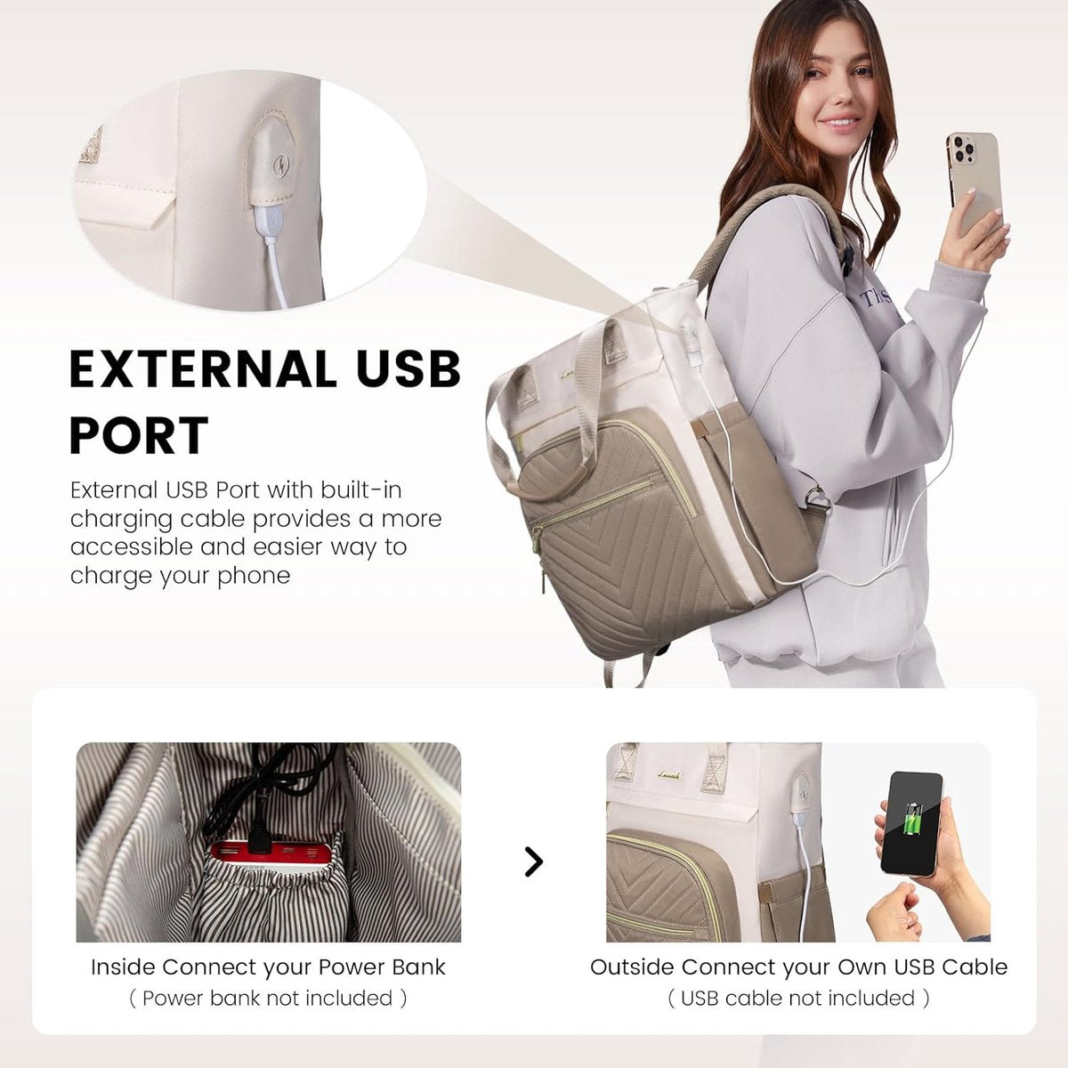 Laptop tas 15,6 inch - Beige/bruin - USB oplaadpoort - Laptop rugzak - 33 x 16 x 41 cm - Waterbestendig - Laptoprugtas 15,6 inch - Anti-diefstal vak - Handtas met gouden details