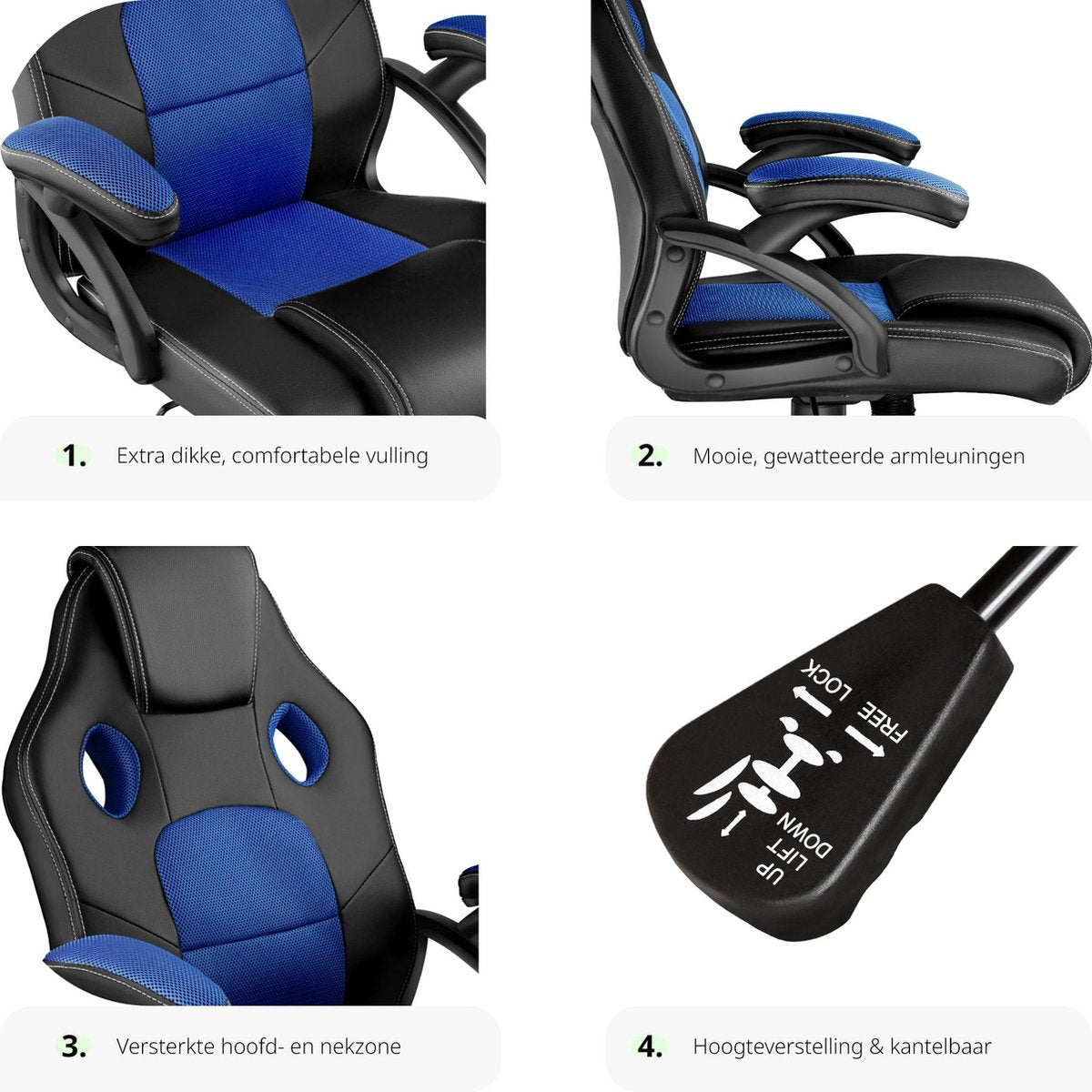 tectake® Bureaustoel Racing - Gamingstoel met Kantelfunctie, Directiestoel, Draaistoel met Wielen - In Hoogte Verstelbare Ergonomische Bureaustoel - PC-Stoel - Zwart/Blauw