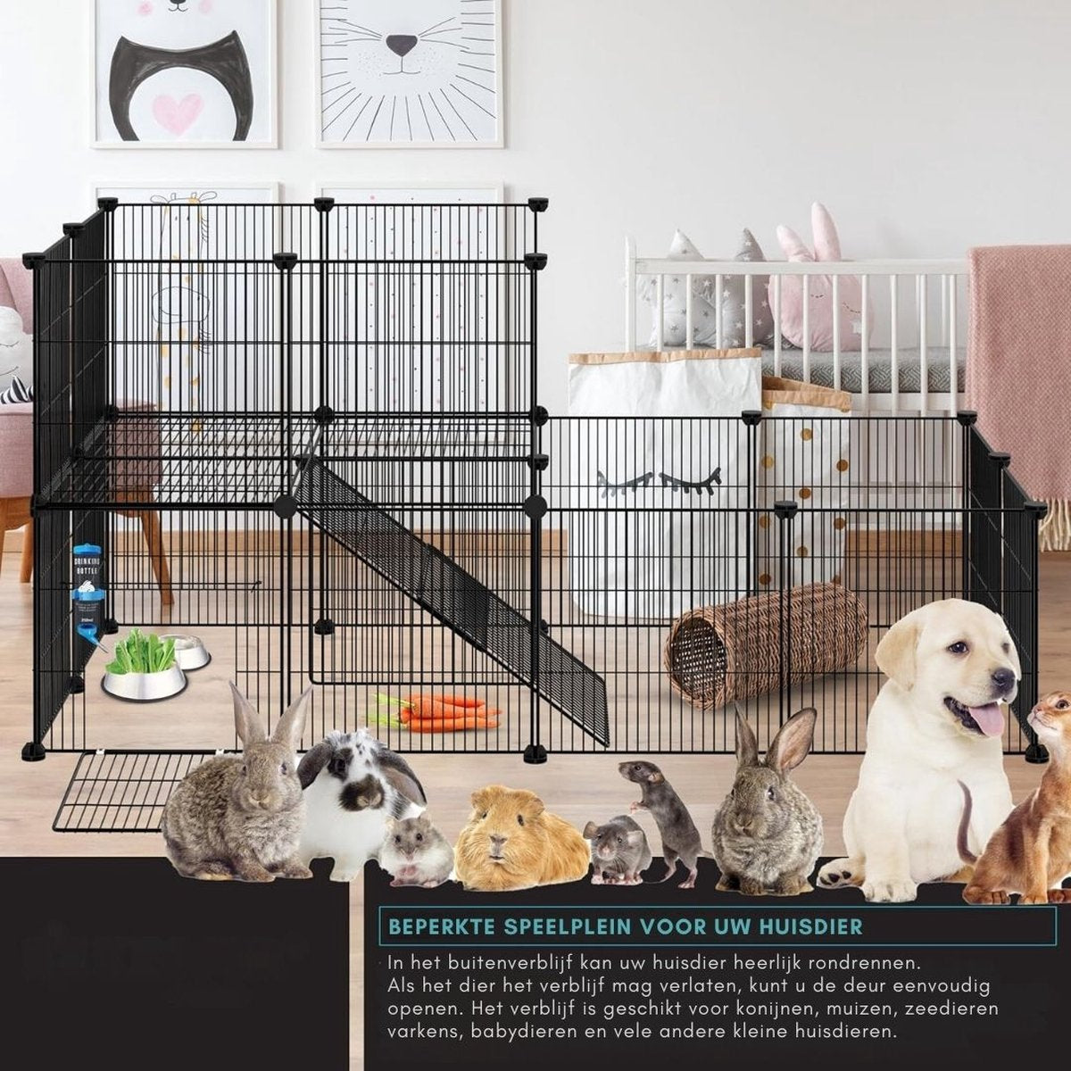 Konijnenhok Binnen - Konijnenhok - Konijnenren - Konijnenkooi – Dierenhuis – Konijnen Kooi – Dierenverblijf - Kattenbench - Kattenren Buiten en Binnen - Kattenkooi - 144 x 72 x 36 cm