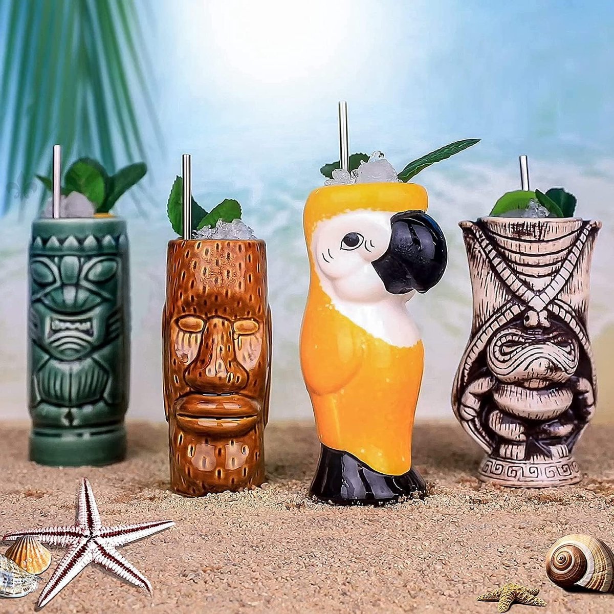 Cocktailglazen, Tiki Mokken, Set van 4 Keramische Mokken, Tropische Mokken, Hawaiiaans Tiki Feest, Creatief Cocktailglas, Drankjes, Grote Bar Drankjes, Leuke Bar Servies, 4-delig cadeau, Geel.