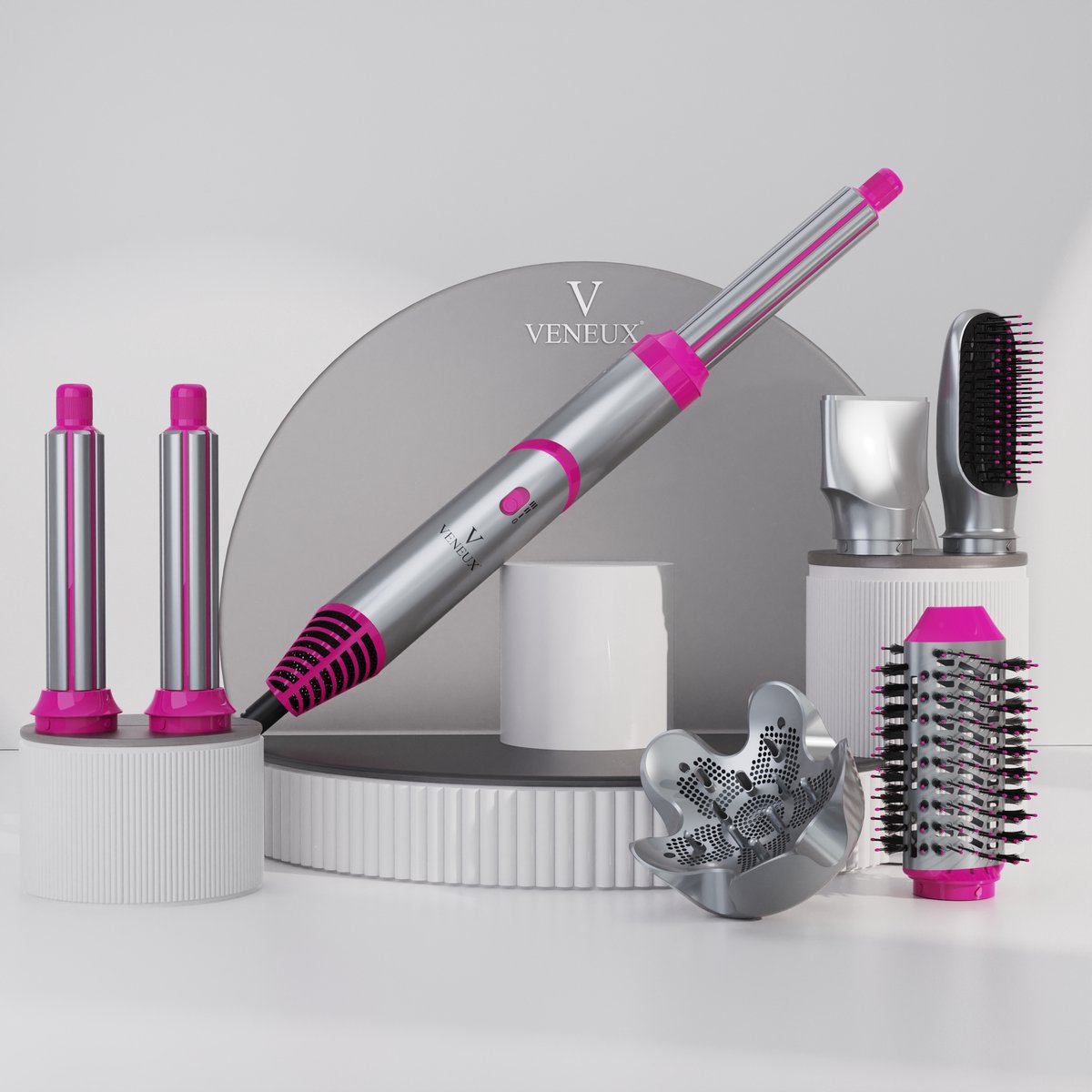 VENEUX® 6-1 Föhnborstel - Airstyler - Krulborstel - Grijs / Roze - Krultang
