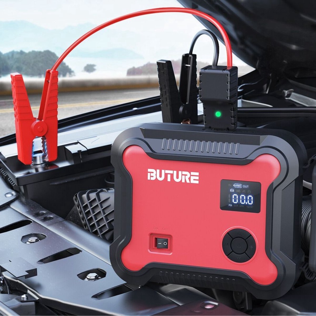 Buture Jump Starter for Car - Jump Starter - Jump Starter 5 in 1 - Jump Starter Power Bank 26800mAh - Red/Black - Jump Starter incl. Compressor