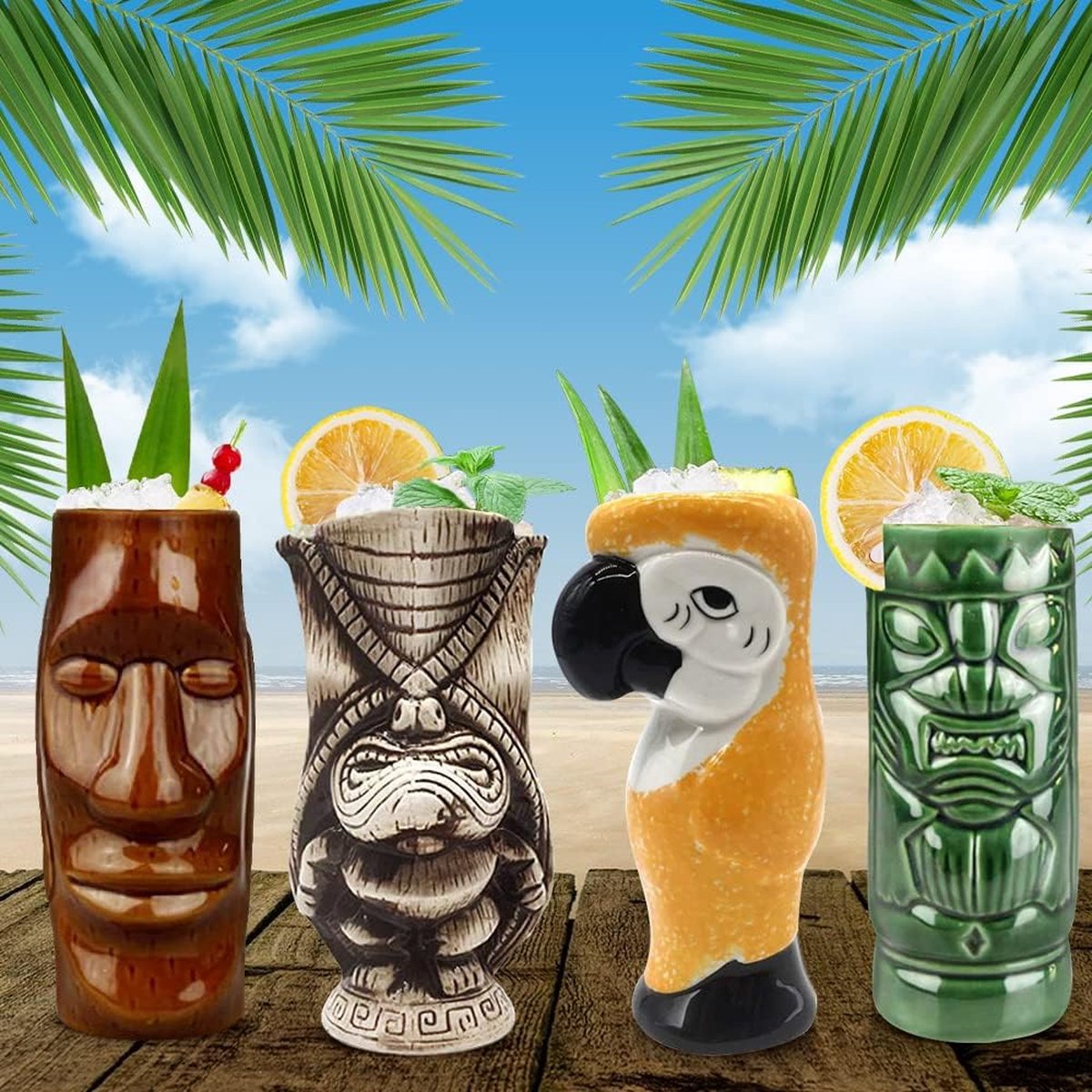 Cocktailglazen, Tiki Mokken, Set van 4 Keramische Mokken, Tropische Mokken, Hawaiiaans Tiki Feest, Creatief Cocktailglas, Drankjes, Grote Bar Drankjes, Leuke Bar Servies, 4-delig cadeau, Geel.