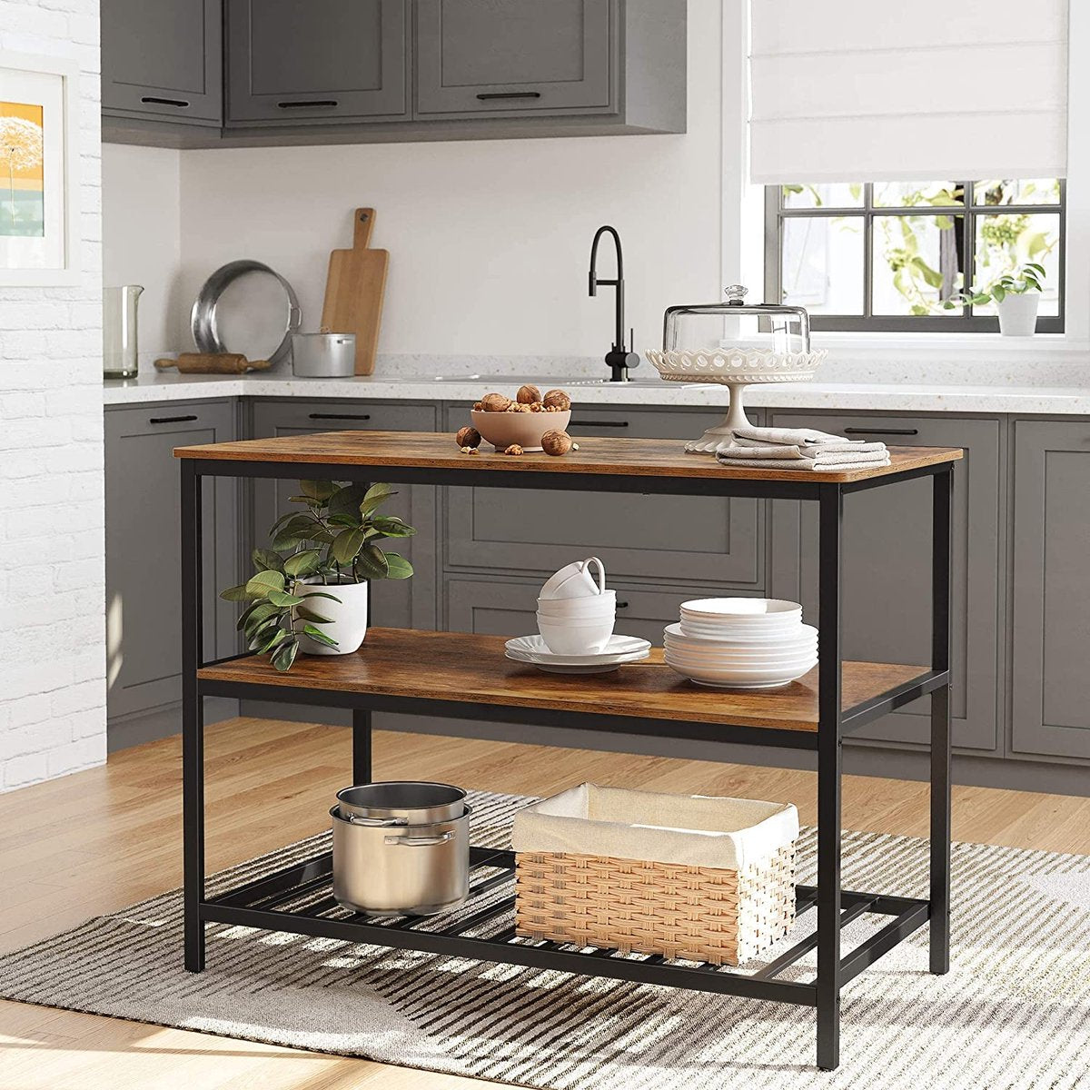 Kitchen Shelf with 3 Shelves, Kitchen Island with Large Worktop, Stable Metal Frame, 120 x 60 x 90 cm, Easy Assembly, Industrial Design, Vintage Brown-Black KKI01BX