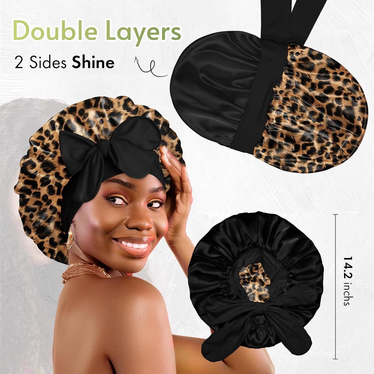 Silk Reversible Sleep Cap - Double-Sided Cap for Curly Hair - Elastic Band - Leopard Print