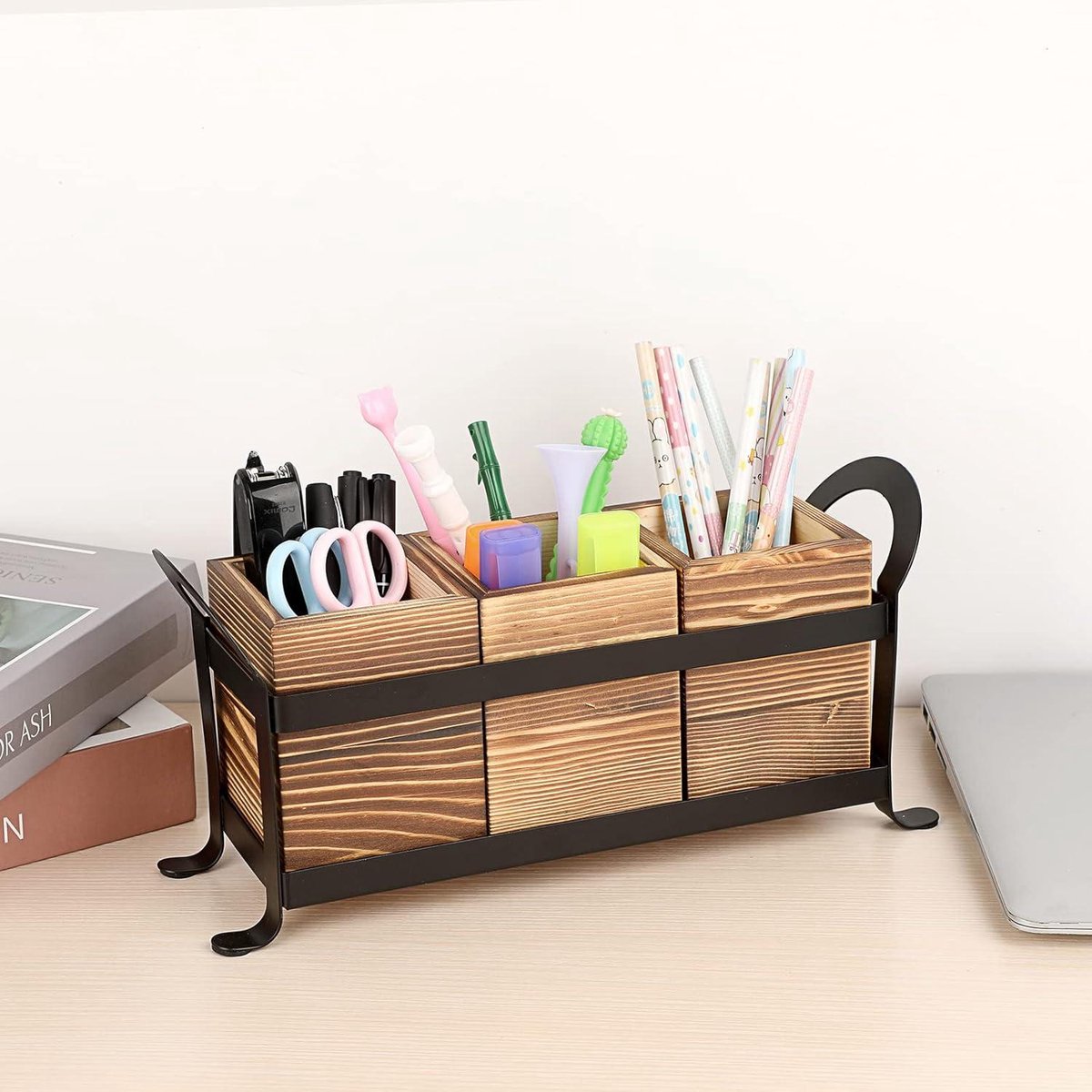 Bestekhouder Caddy met Metalen Lade - 3 Vakken Organizer voor Keuken Aanrecht - Multifunctionele Houten Opbergdoos