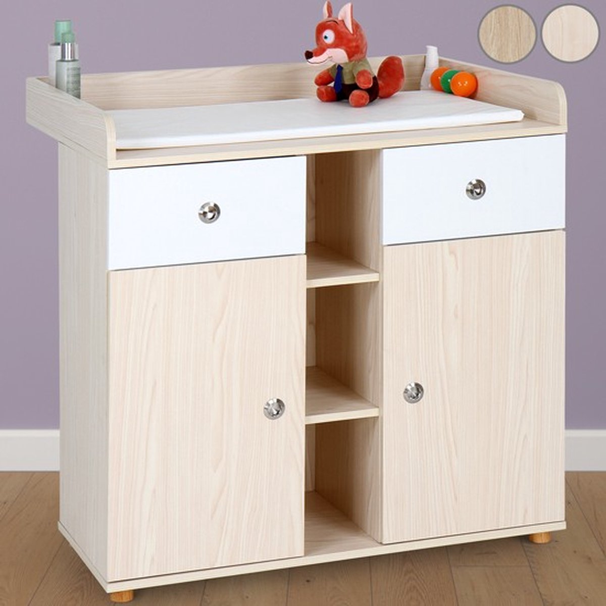 Infantastic - Babycommode met 2 grote lades en 5 vakken - Ladekast met Opbergruimte - Veelzijdig Omkleedmeubel met Organiser - 90x69x92 cm (LxBxH) - Eikenfineer