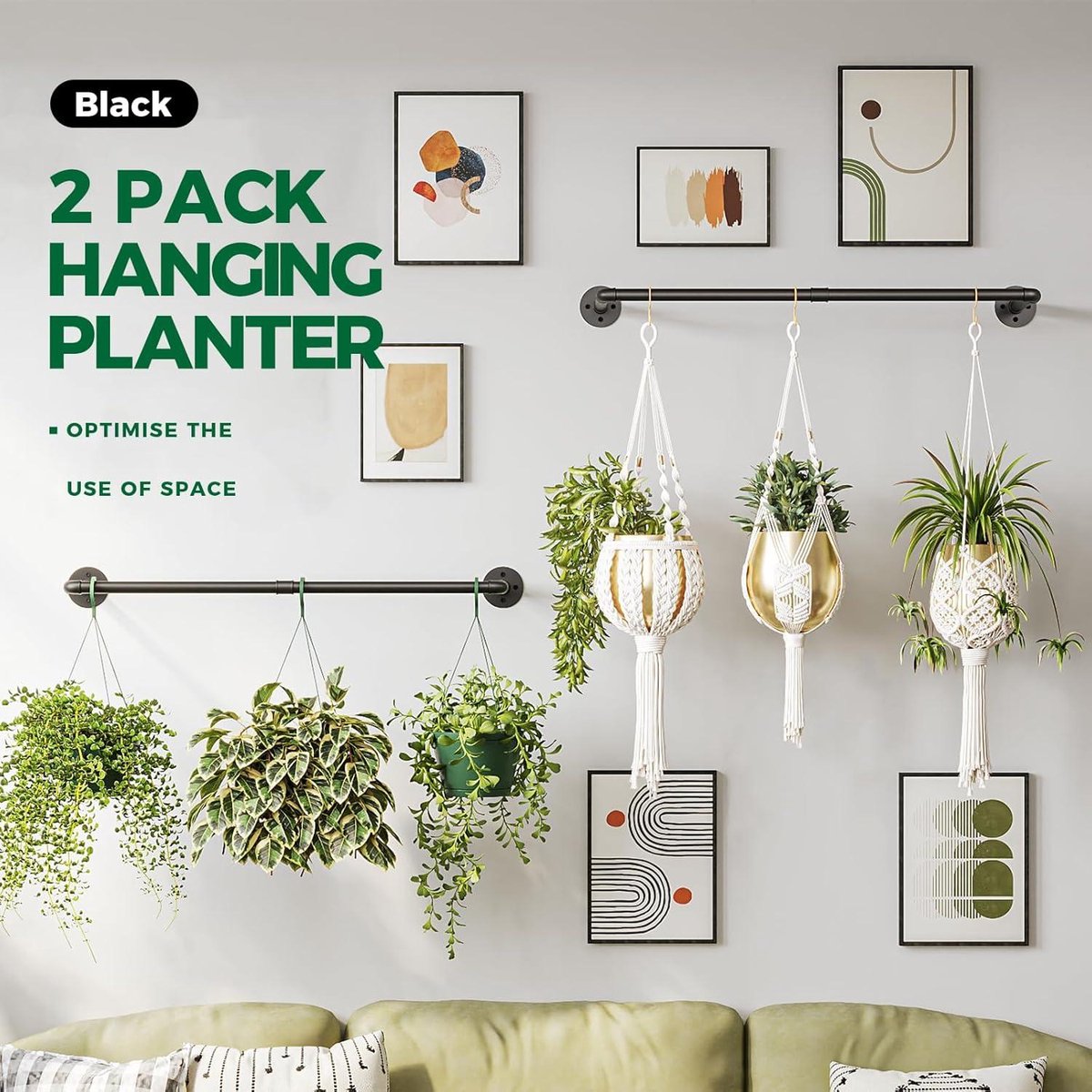 Plant Hanger - Plantenhanger hangende plantenbak zwart metalen staaf binnen plafond raam bevestiging