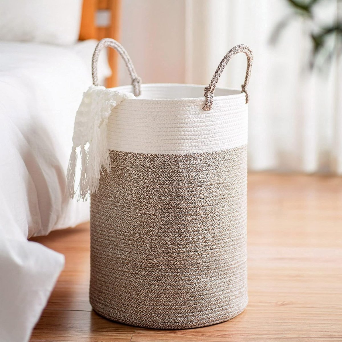Wasmand, gevlochten van katoen, touwmand met handgrepen, grote opbergmand voor speelgoed in de kinderkamer, dekens in de woonkamer, D 35 x H 50 cm, wit en bruin