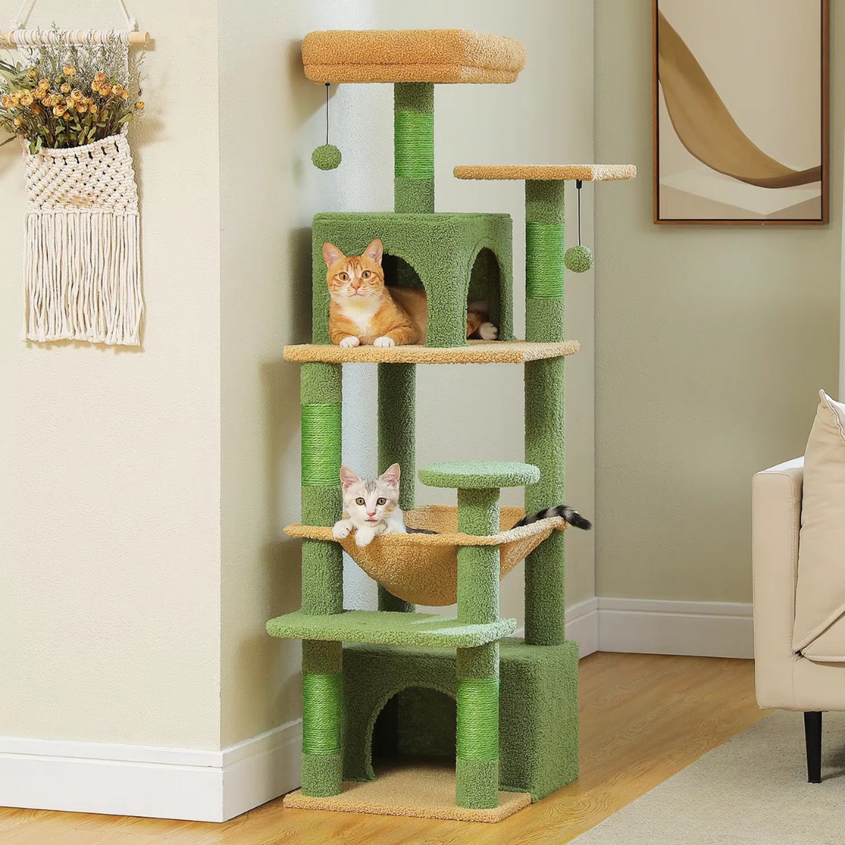 Luxe kattenboom - krabpaal voor katten - kattenhuis - kattenmeubel - kattentoren - groen - 40x44x136cm