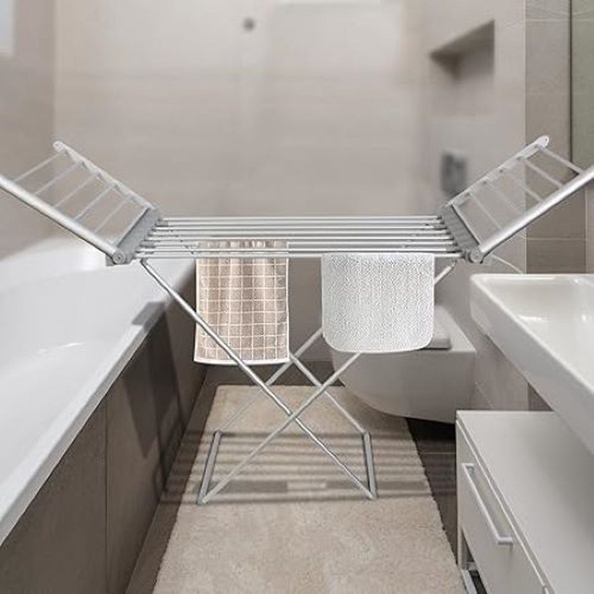 Wasdroger - Wasdroogrek - Opvouwbare Elektrische Kledingdroger - Efficiënt en Ruimtebesparend - 18 stangen verwarmde badkamerdroger - 230 W - 145 cm - Aluminium zilver - Sneldrogend - Kleding - Beddengoed