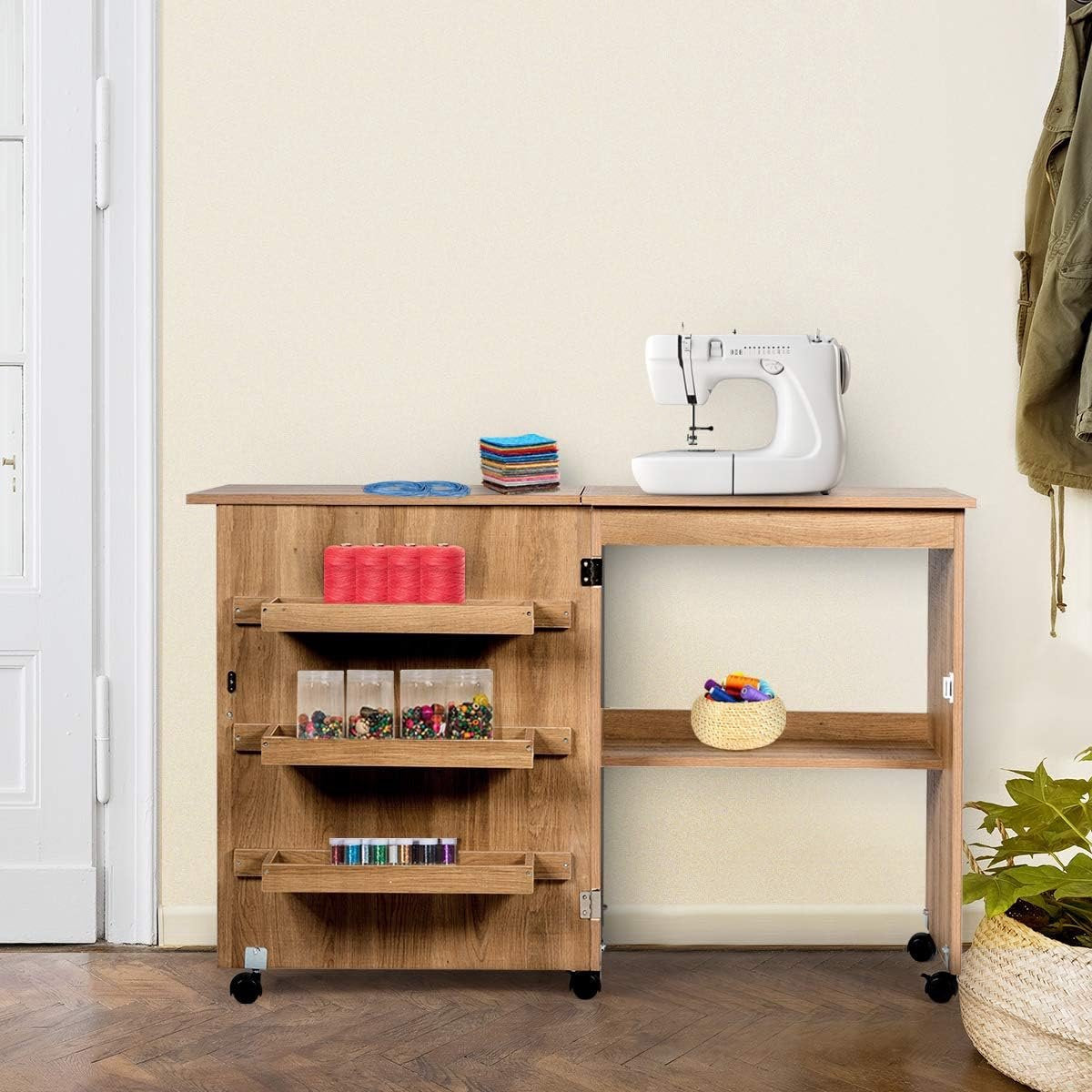 Foldable sewing table, sewing cart with lockable wheels and storage shelves, foldable sewing table for apartment, small spaces, 117 x 78 x 40 cm (Wood color)