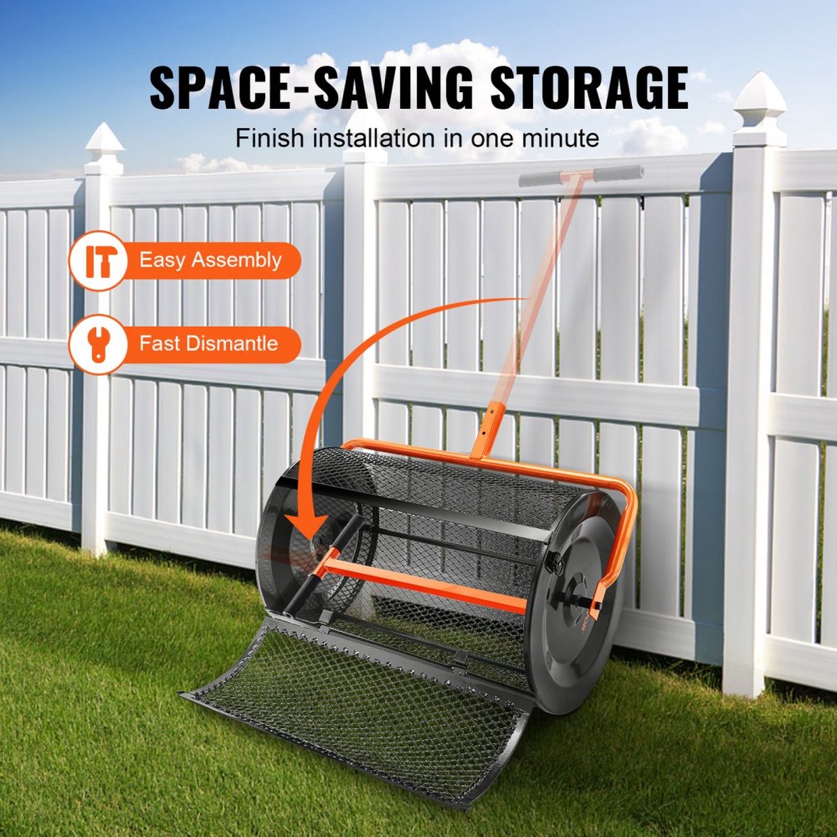 Compoststrooier van staal Turfmosstrooier 1,27x2cm gaasmand Tuingazonstrooier Handgreeplengte verstelbaar van 62 tot 67,5cm 61cm metalen gaasmand Ideaal voor kunstmest zoals compostmestgrond veenmos