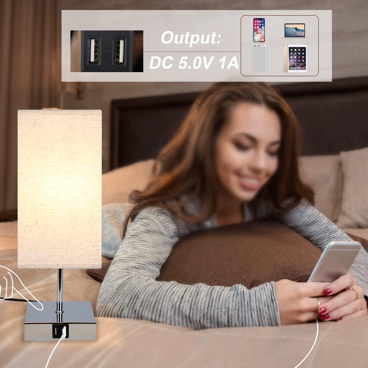 Dimbare Aanraakbare Tafellamp - Warm Wit E27 USB-Oplaadfunctie - Stoffen Lampenkap voor Slaapkamer en Nachtkastje