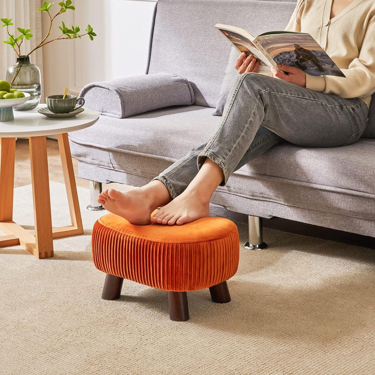Footstool, bench with handle, curved step stool with soft seat cushion, velvet padded stool, solid wood, for living room, children's room, 40 x 28 x 23 cm, orange