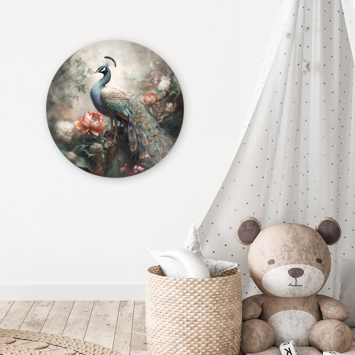 WallCircle® Wandcirkel 60x60 cm - Muurcirkel Pauw - Pauwenveren - Vogel - Bos - Jungle - Bloemen - Muurdecoratie woonkamer - Wanddecoratie slaapkamer - Kamer decoratie accessoires - Ronde schilderijen - Woonaccessoires cirkel binnen