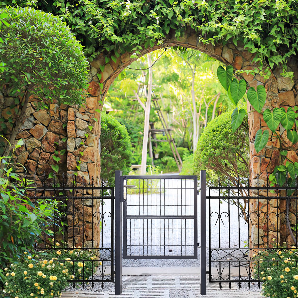 Garden Gate Gate Powder Coated Steel Garden Gate-Garden Door fence gate 100 × 100 cm farm gate made of galvanized steel with lock, doorknob and key, sturdy and durable-anthracite gray