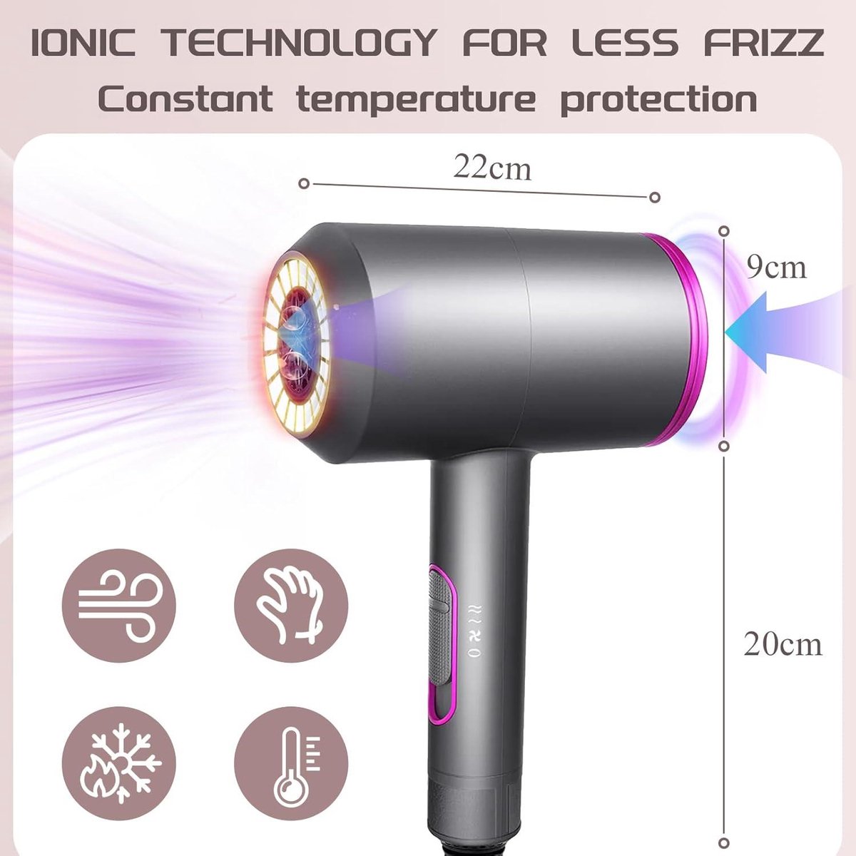 Hairdryer - Ionic - Overheat Protection - 2000 W - Professional - Fast Drying - 3 Temperatures - 2 Speeds - Cold Shot - Grey