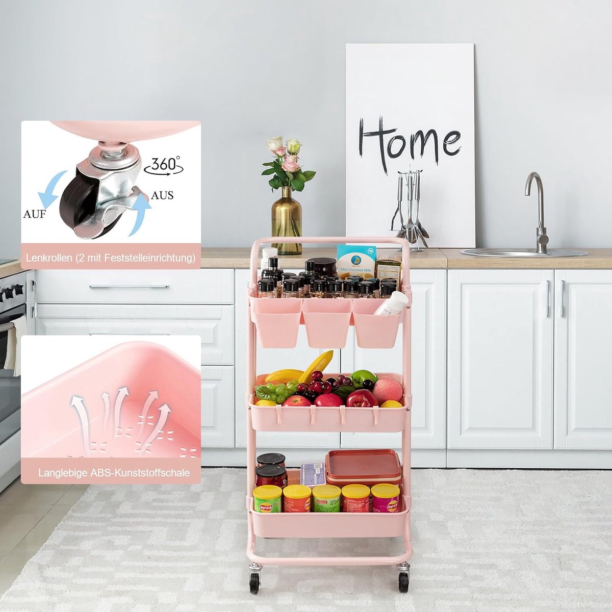 3-laags rolwagen met afsluitbare wielen, hangende kopjes en haken, opbergplanken voor keuken, badkamer, kantoor, bibliotheek, koffiebar, trolley, servicewagen, schelproze